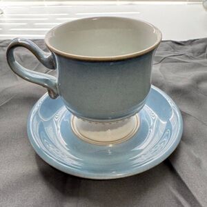 Vintage Denby CASTILE Blue White Footed Coffee Mug & Saucer 3 3/8" England